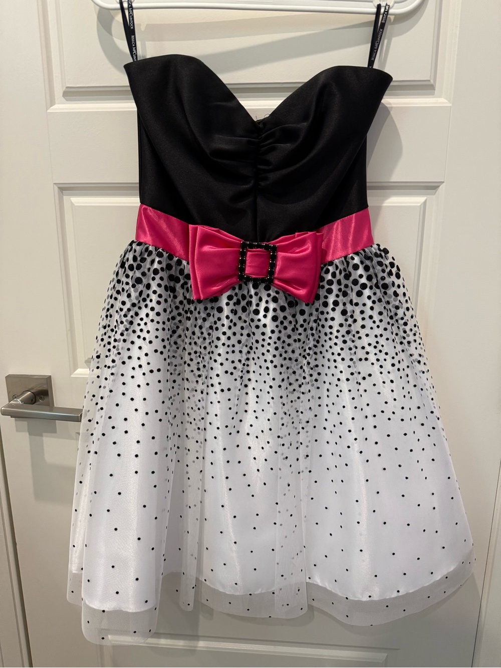 Jessica McClintock Gunne Sax Black, White, Pink Polka Dot Strapless Party Dress